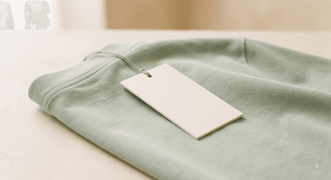 Folded sage t-shirt with a blank hangtag